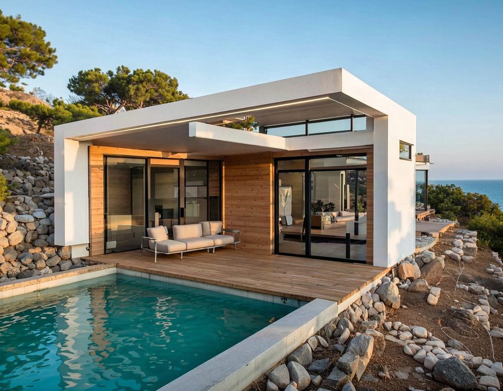Intermediación en Compraventa de Marcas Arquitectura moderna con curvas y superficies metálicas reflejantes en tonos azules.